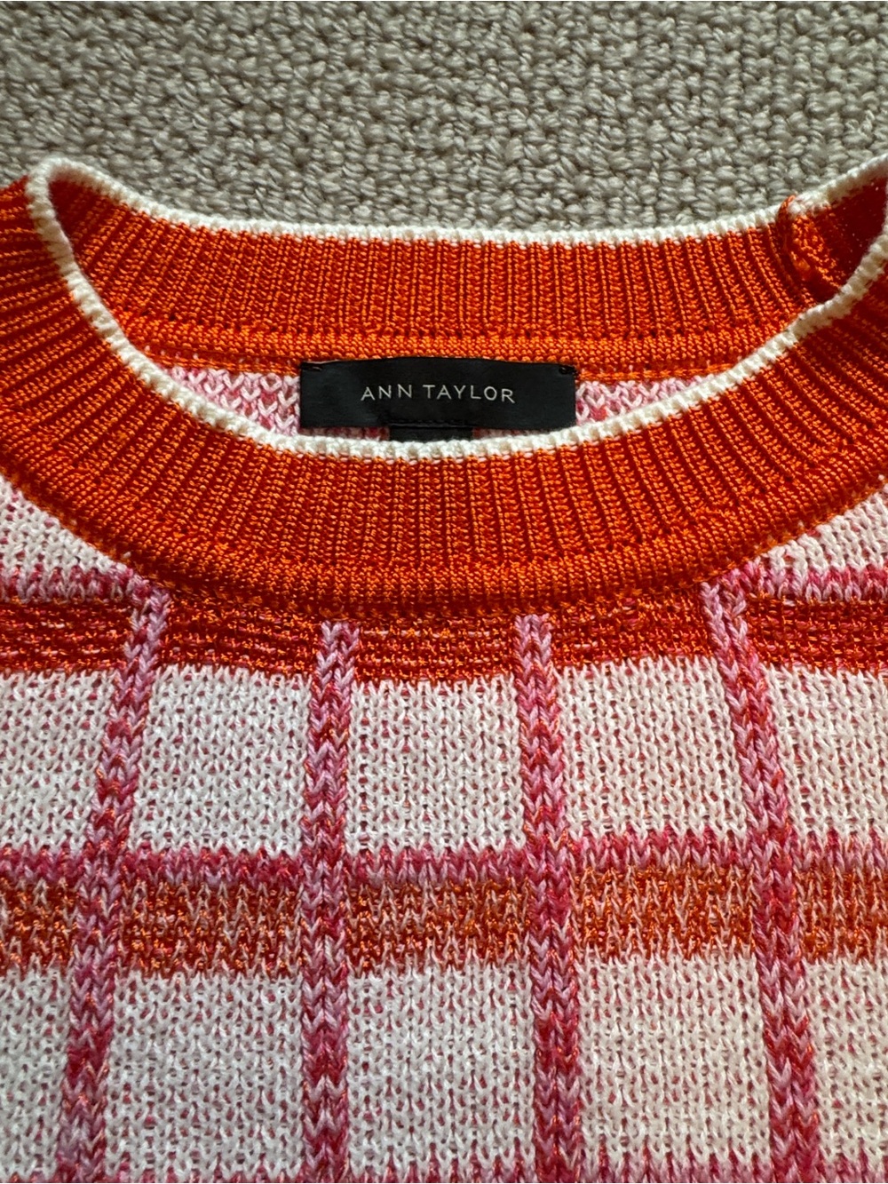 Ann Taylor Crewneck Sweater in Orange and Pink Plaid